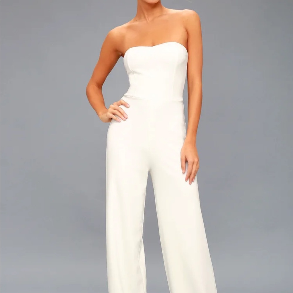 Lulu’s white strapless jumpsuit. Perfect for a bride to be!